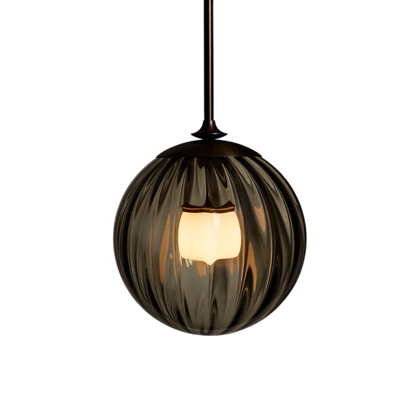 The Roll and Hill Globe LED Pendant Light in Oil Rubbed Bronze/Fume Glass with Ripple Texture.