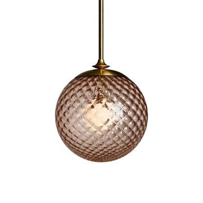 The Roll and Hill Globe LED Pendant Light in Brass/Peach Glass with Pineapple Texture.