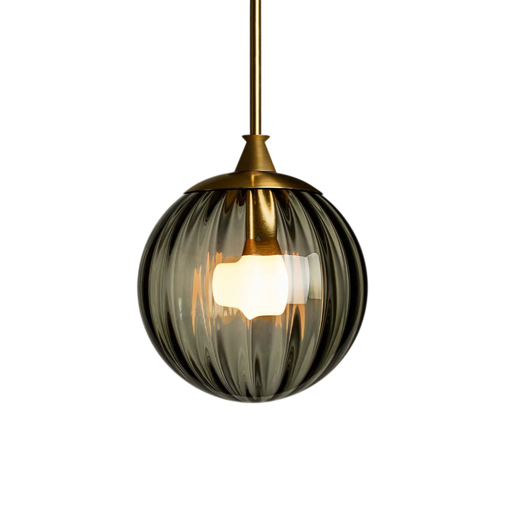 The Roll and Hill Globe RAHP2 LED Pendant Light in Brass/Fume Glass with Ripple Texture.
