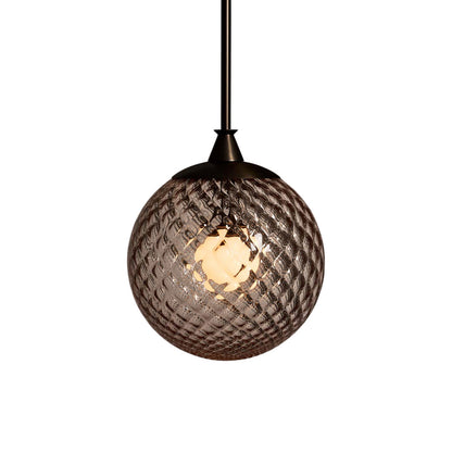 The Roll and Hill Globe RAHP2 LED Pendant Light in Oil Rubbed Bronze/Peach Glass with Pineapple Texture.