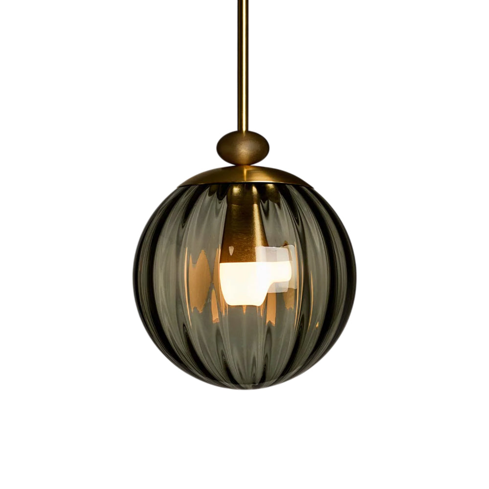 The Roll and Hill Globe RAHP3 LED Pendant Light in Brass/Fume Glass with Ripple Texture.
