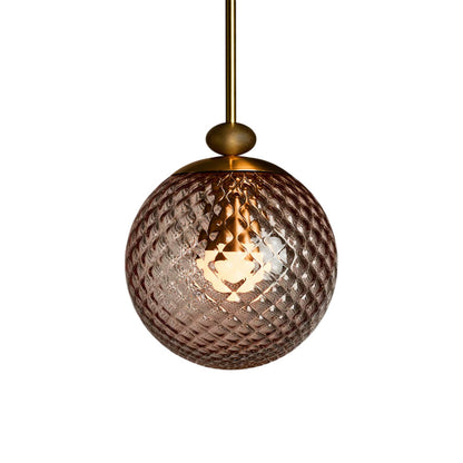 The Roll and Hill Globe RAHP3 LED Pendant Light in Brass/Peach Glass with Pineapple Texture.