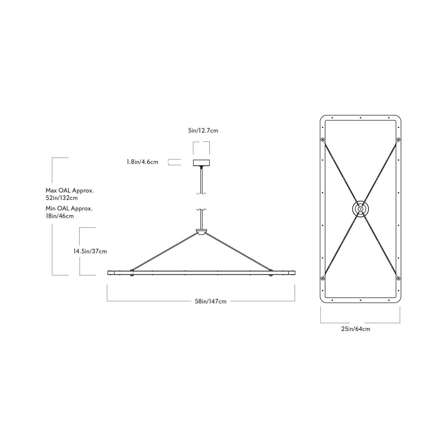 Halo Rectangle LED Pendant Light - line drawing.