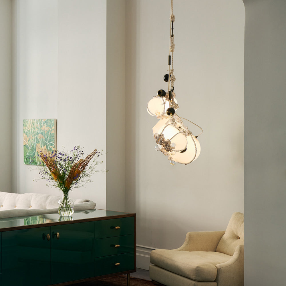 Knotty Bubbles Barnacles Chandelier in living room.