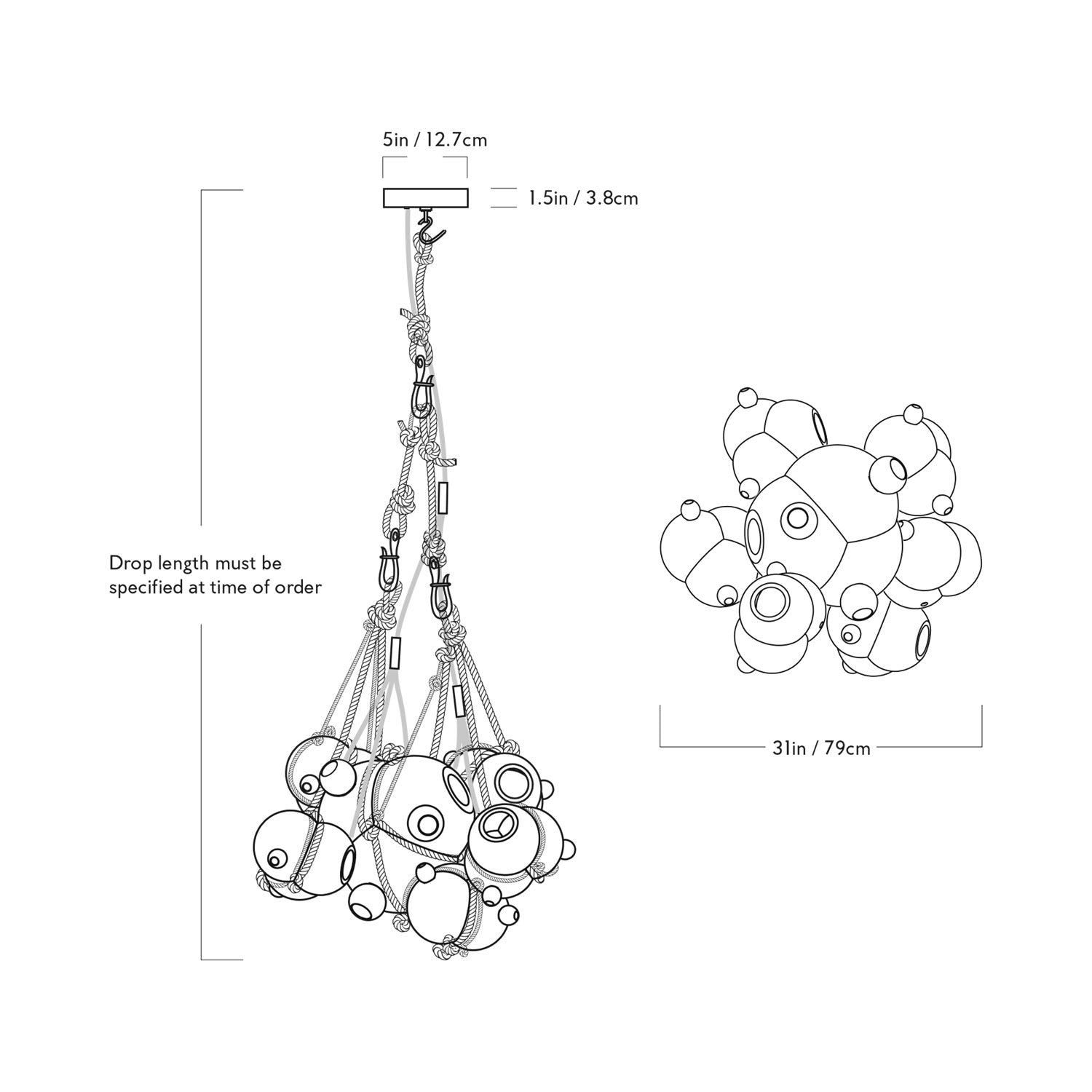 Knotty Bubbles Chandelier - line drawing.