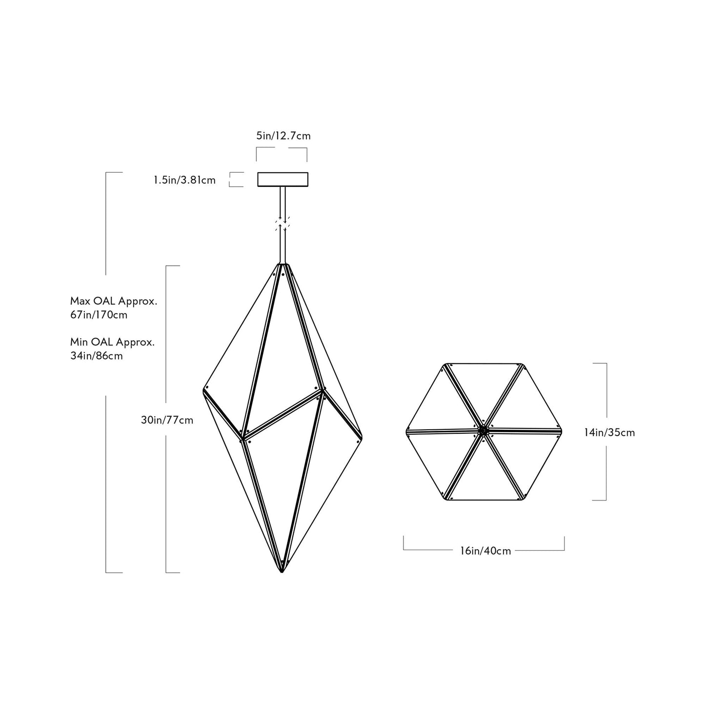 Maxhedron Vertical Pendant Light - line drawing.