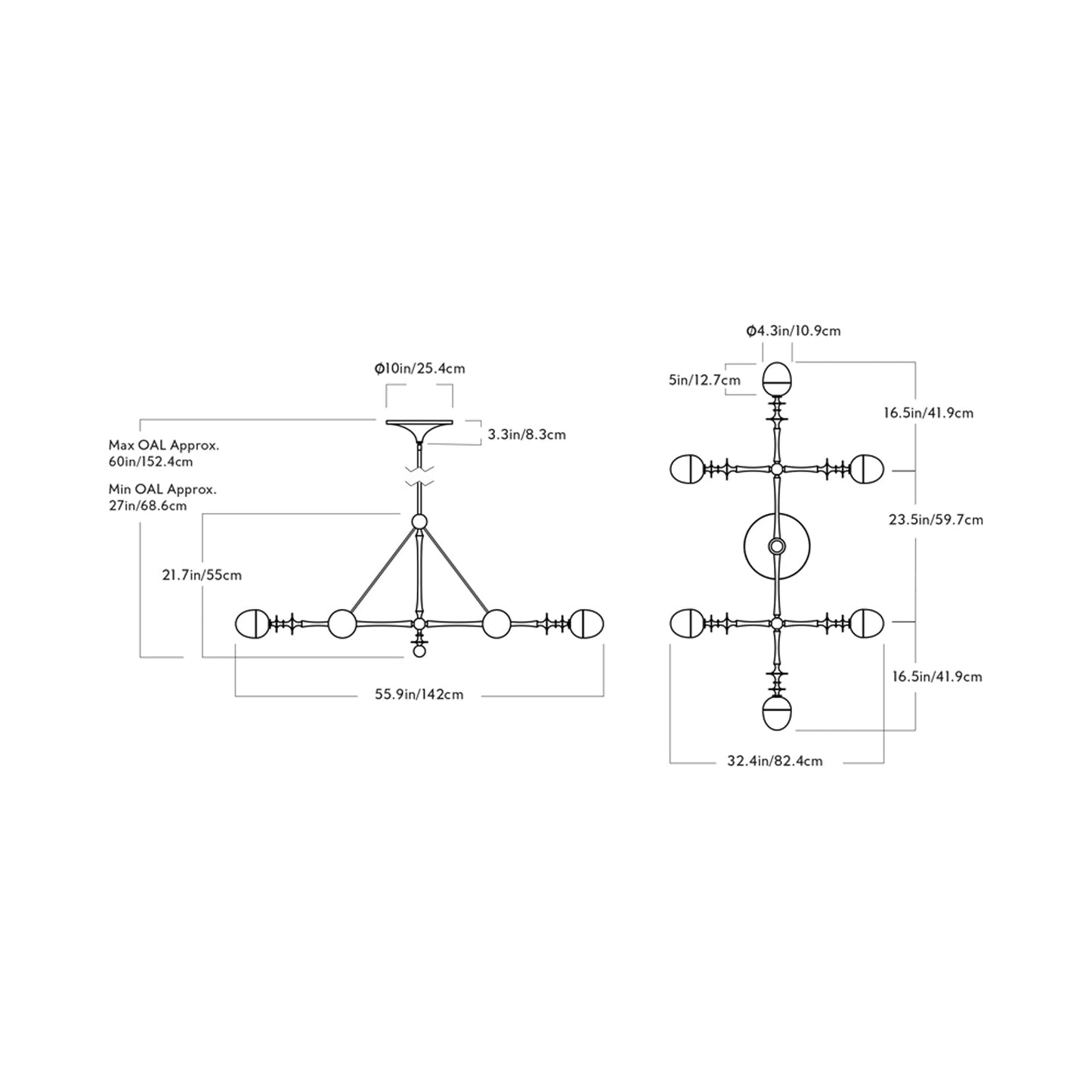 Rue Sala Six Arm LED Pendant Light - line drawing.