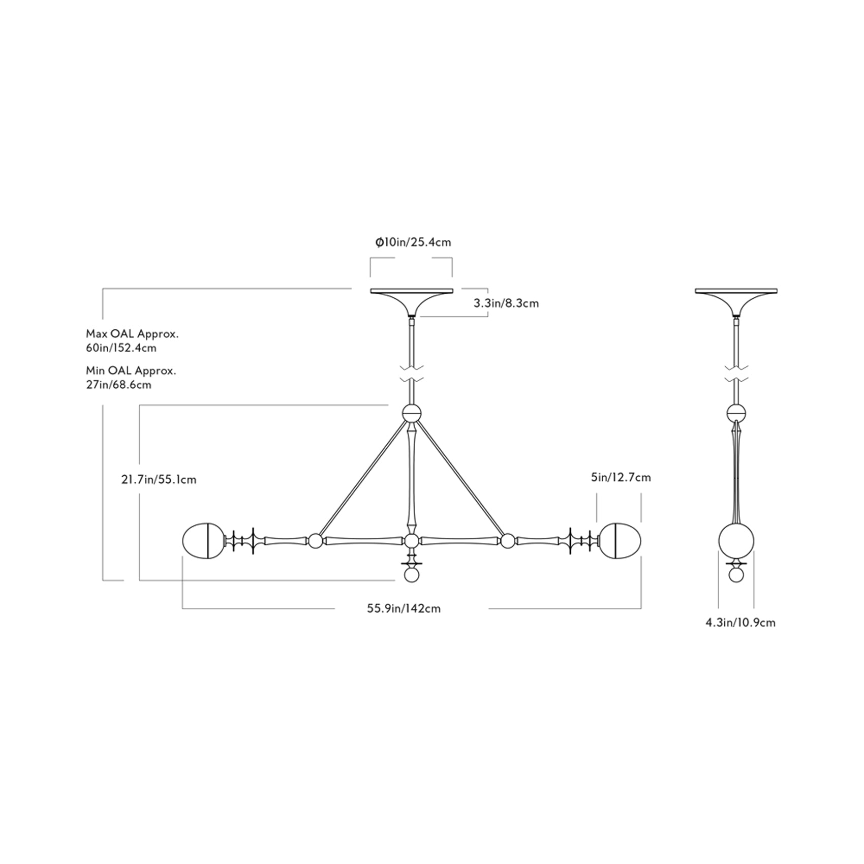 Rue Sala Two Arm LED Pendant Light - line drawing.