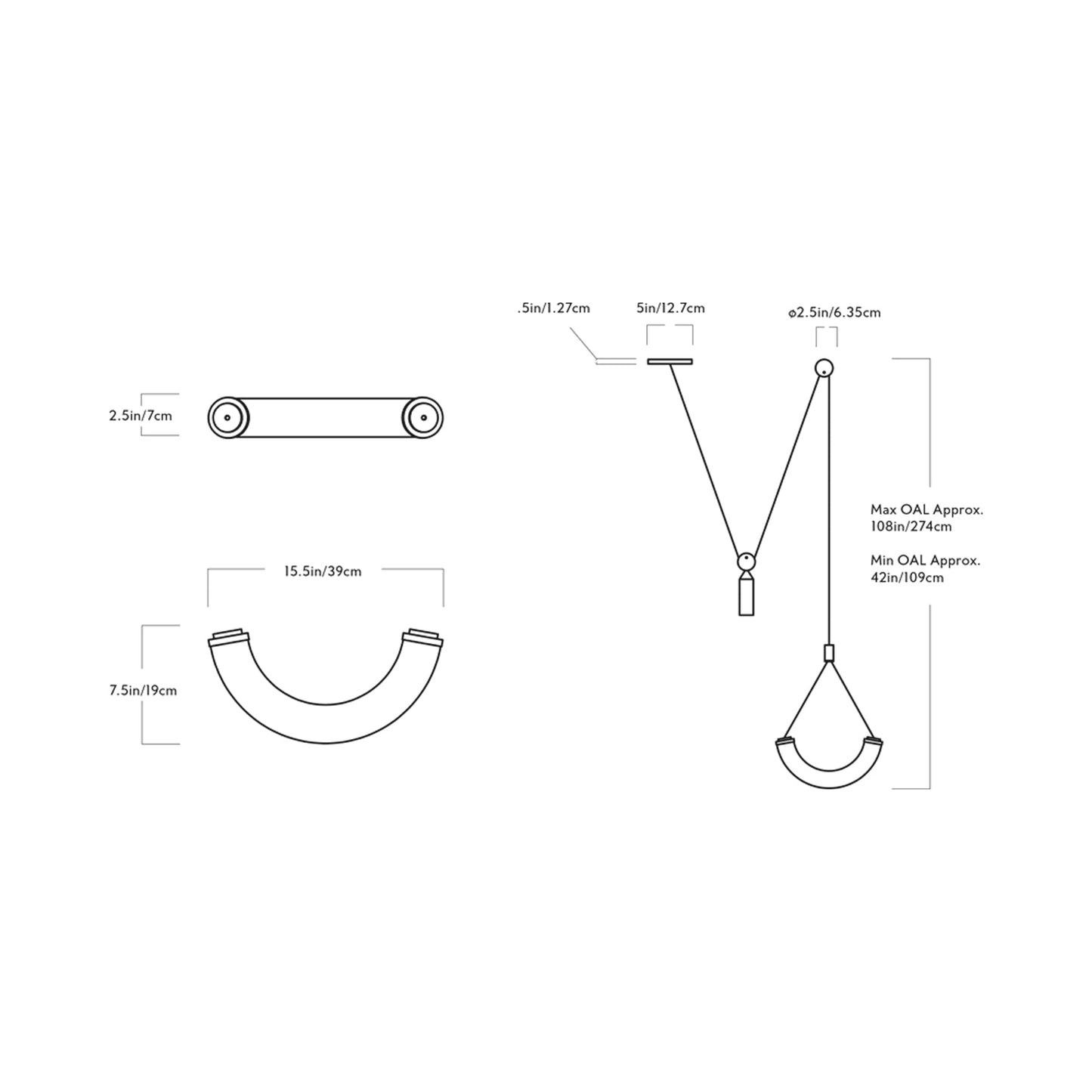 Shape Up Arc Pendant Light - line drawing.