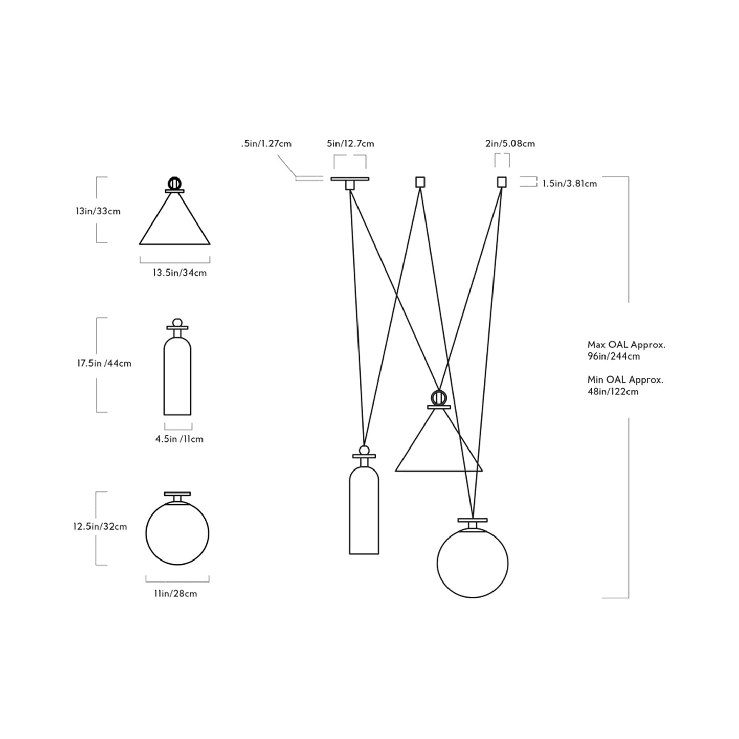 Shape Up Multi-light Pendant Light - line drawing.