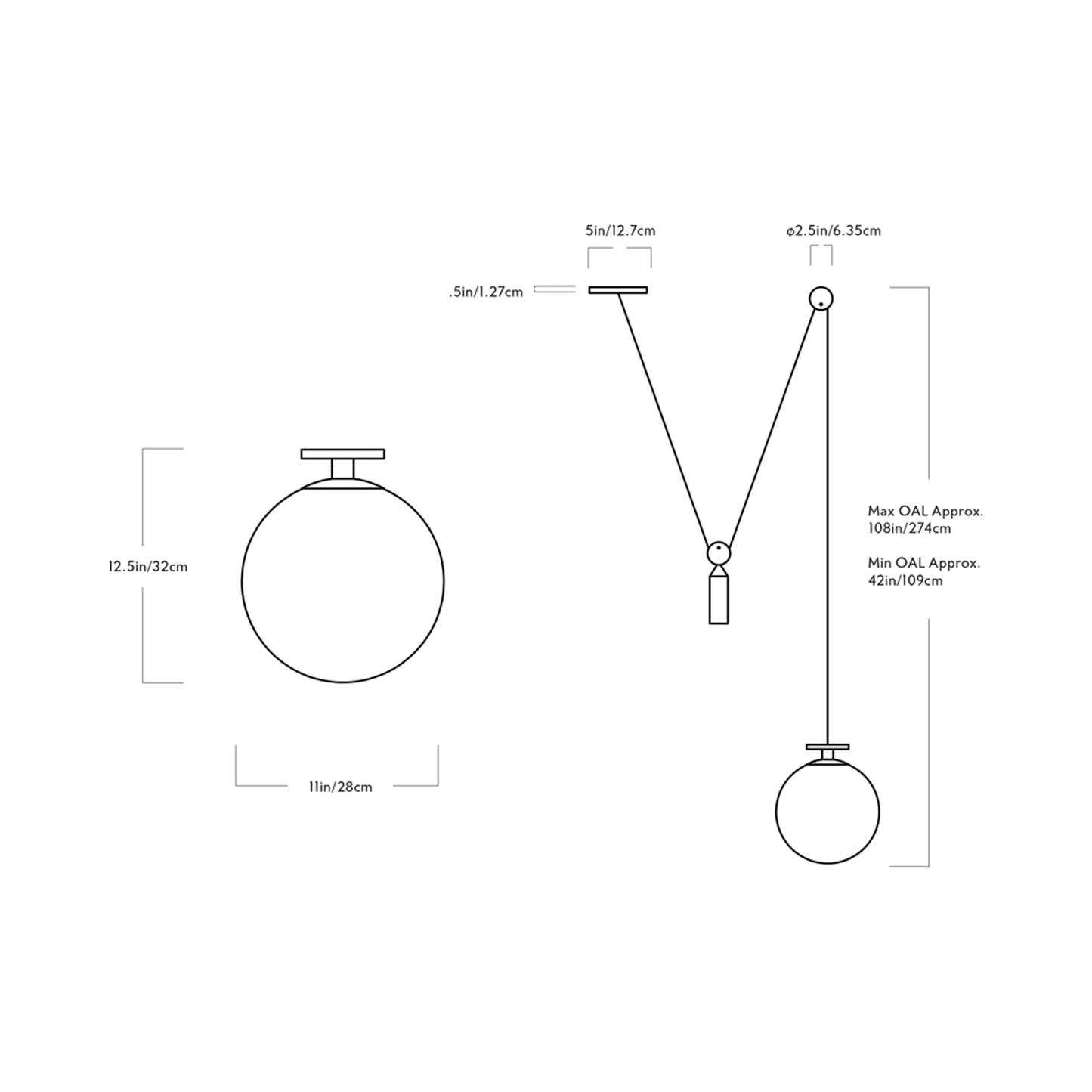 Shape Up Globe Pendant Light - line drawing.