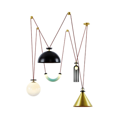Shape Up Hemisphere Multi-Light Pendant Light in Blackened Steel/Brushed Brass/Currant.