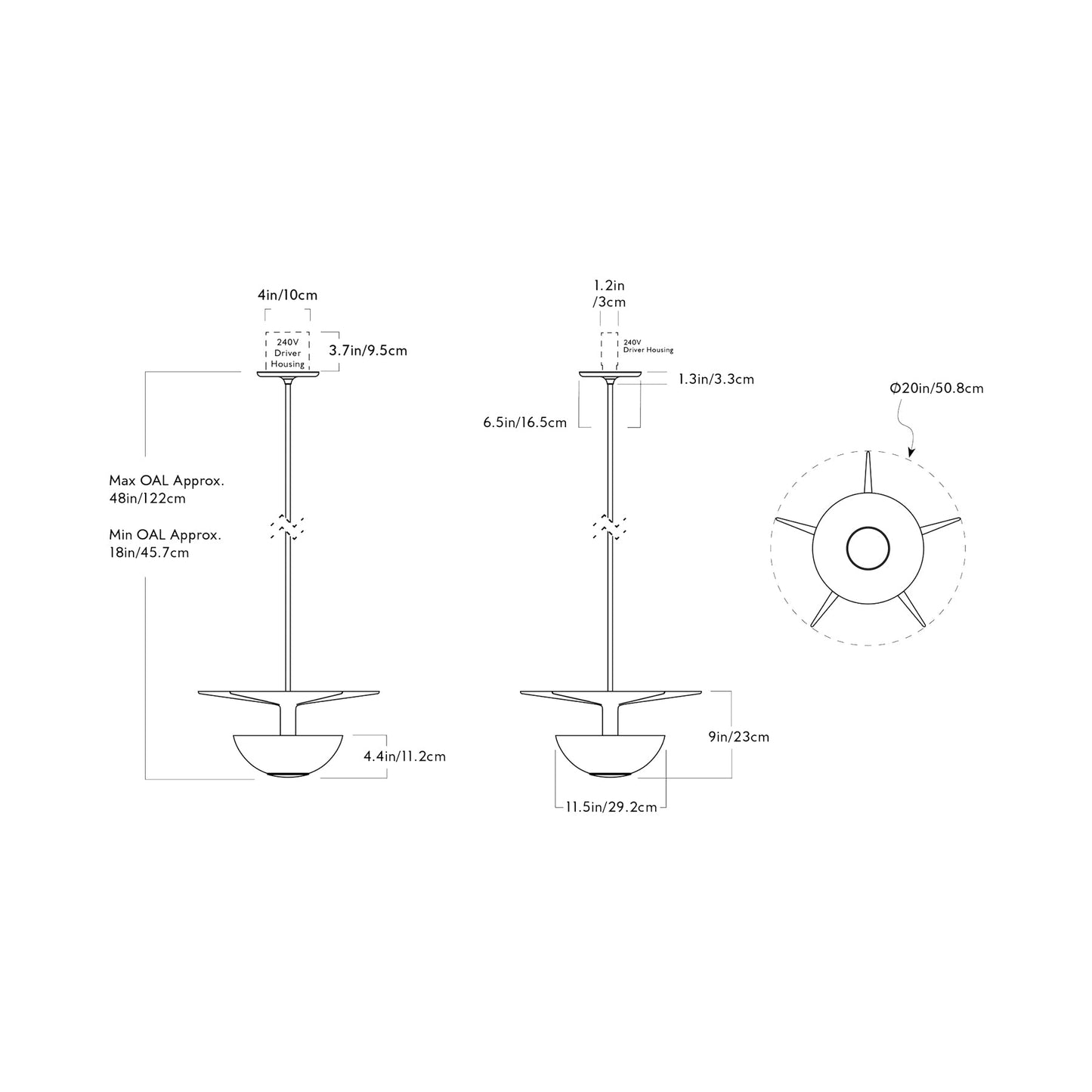 The Laddi LED Pendant Light - line drawing.