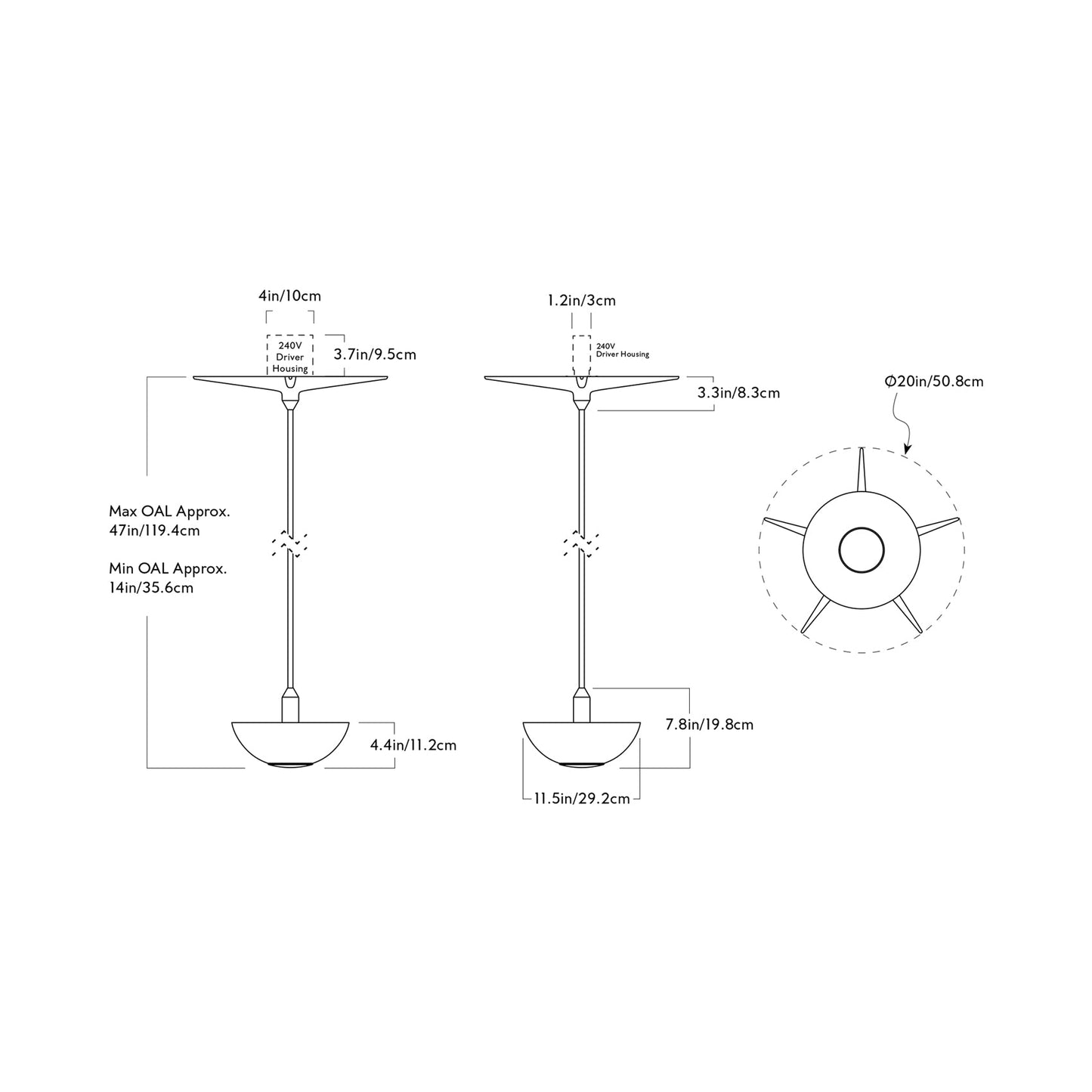 The Laddi LED Pendant Light - line drawing.