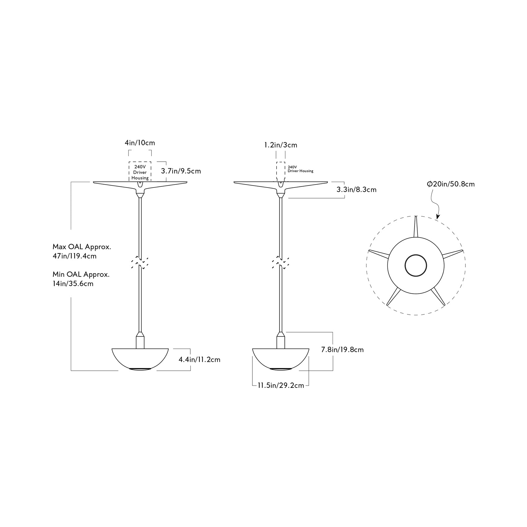 The Laddi LED Pendant Light - line drawing.