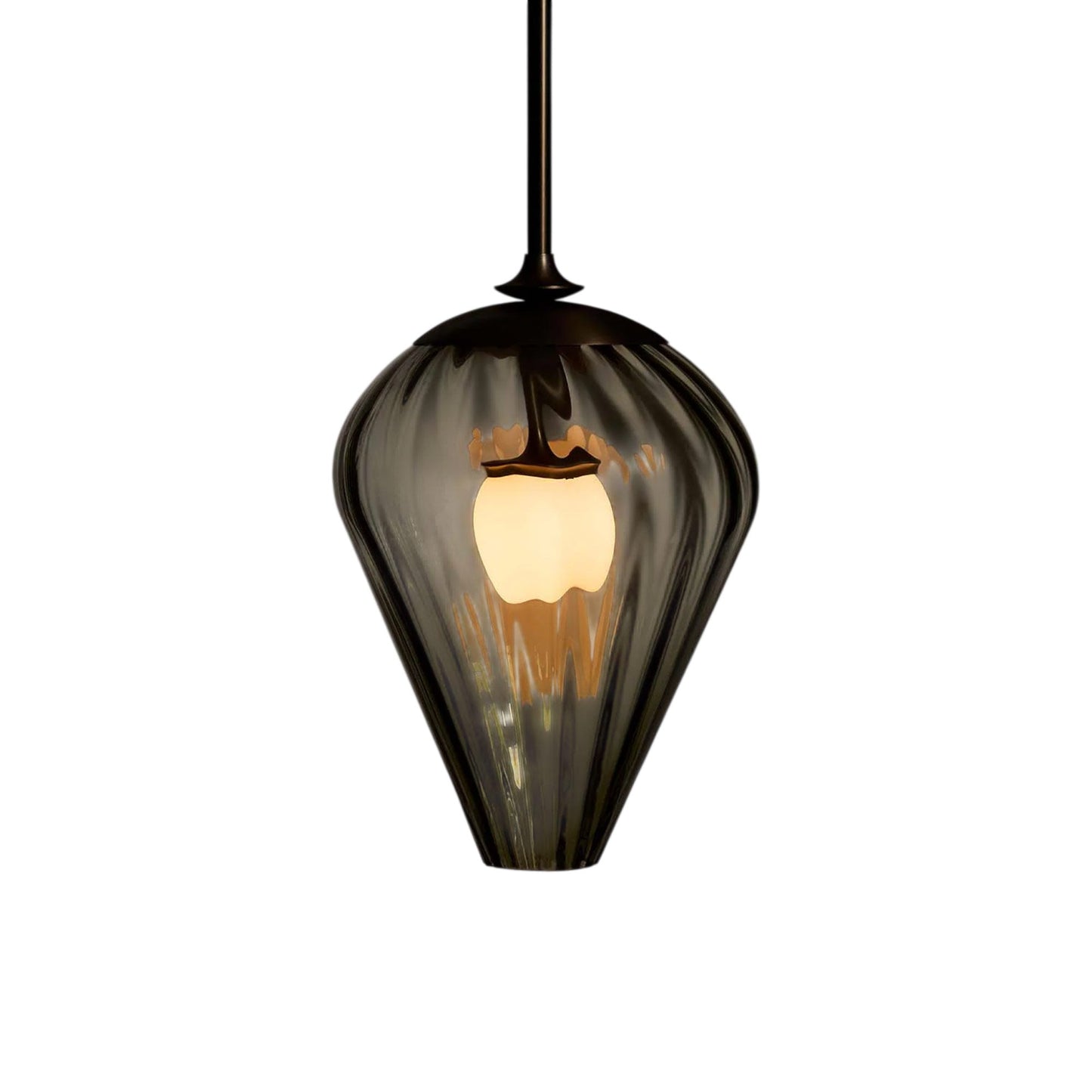 The Roll and Hill Tulip LED Pendant Light in Oil Rubbed Bronze/Fume Glass with Ripple Texture.