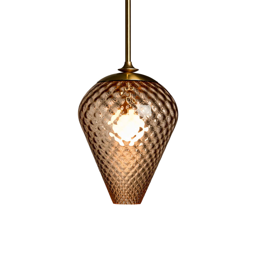 The Roll and Hill Tulip LED Pendant Light in Brass/Peach Glass with Pineapple Texture.