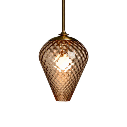 The Roll and Hill Tulip LED Pendant Light in Brass/Peach Glass with Pineapple Texture.