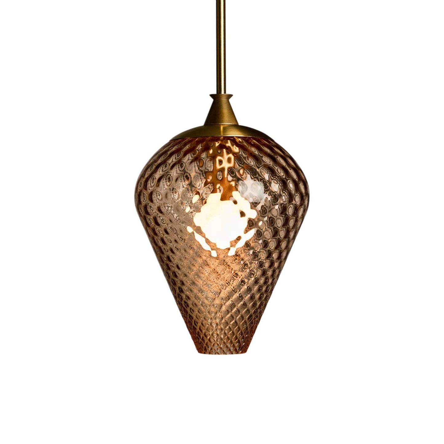 The Roll and Hill Tulip RAHP2 LED Pendant Light in Brass/Peach Glass with Pineapple Texture.