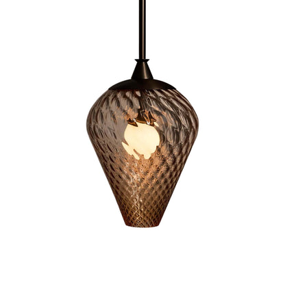 The Roll and Hill Tulip RAHP2 LED Pendant Light in Oil Rubbed Bronze/Peach Glass with Pineapple Texture.