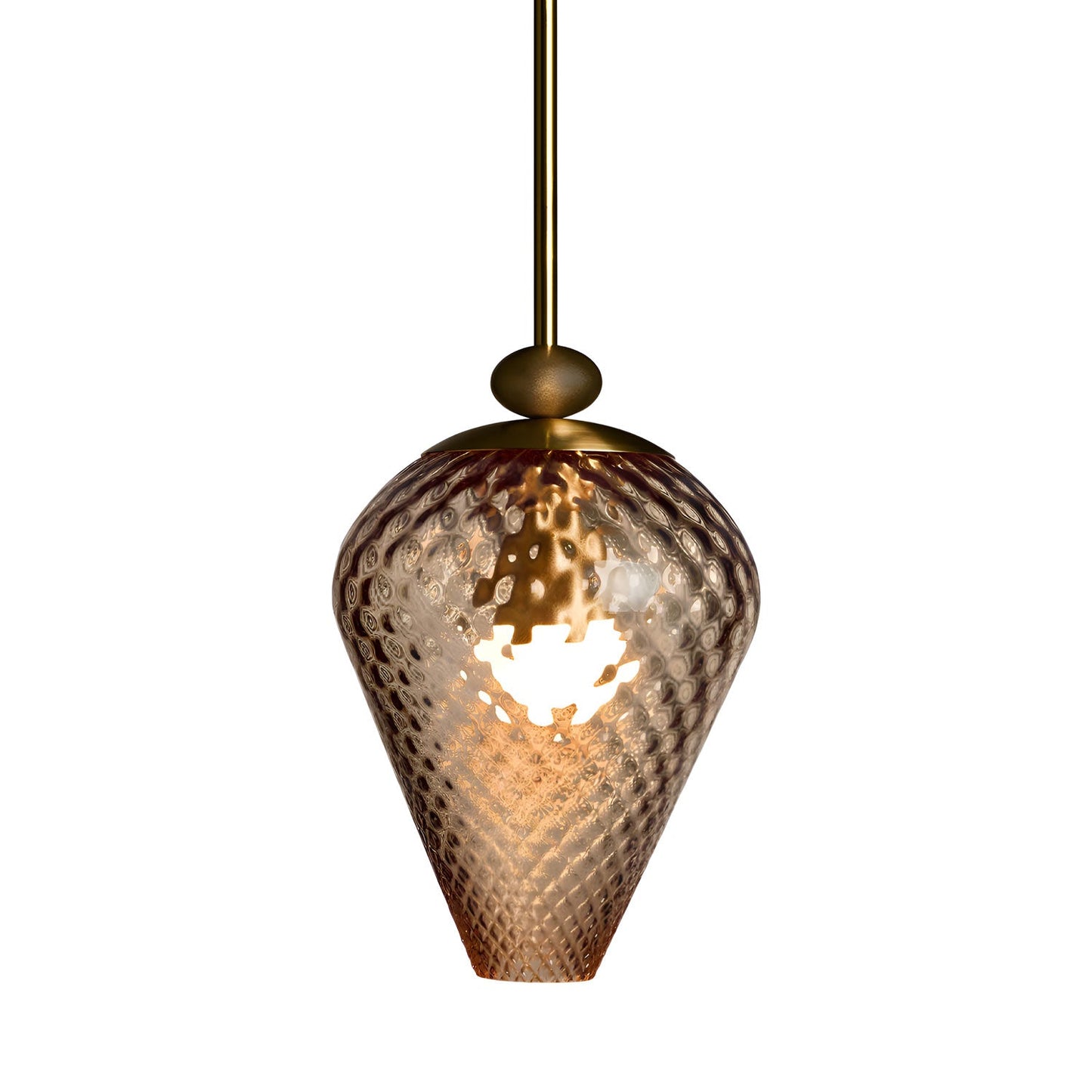 The Roll and Hill Tulip RAHP3 LED Pendant Light in Brass/Peach Glass with Pineapple Texture.