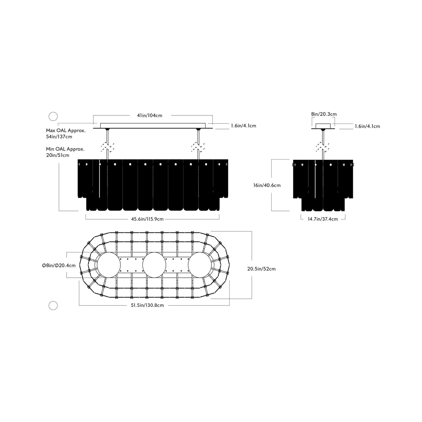 Veil Linear LED Pendant Light - line drawing.