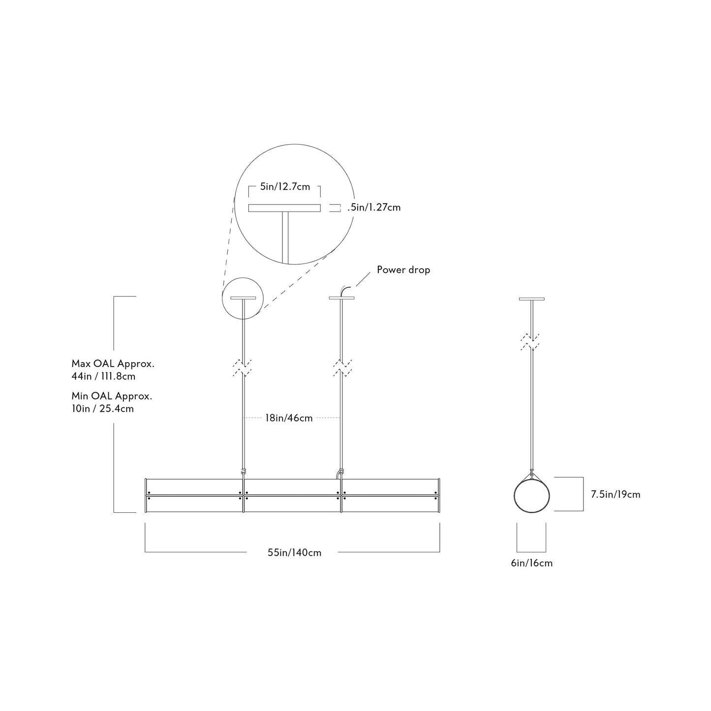 Woody Endless Linear LED Pendant Light - line drawing.