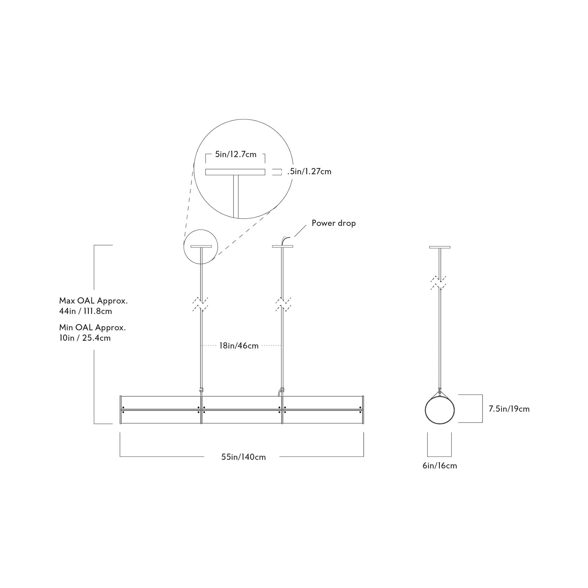 Woody Endless Linear LED Pendant Light - line drawing.