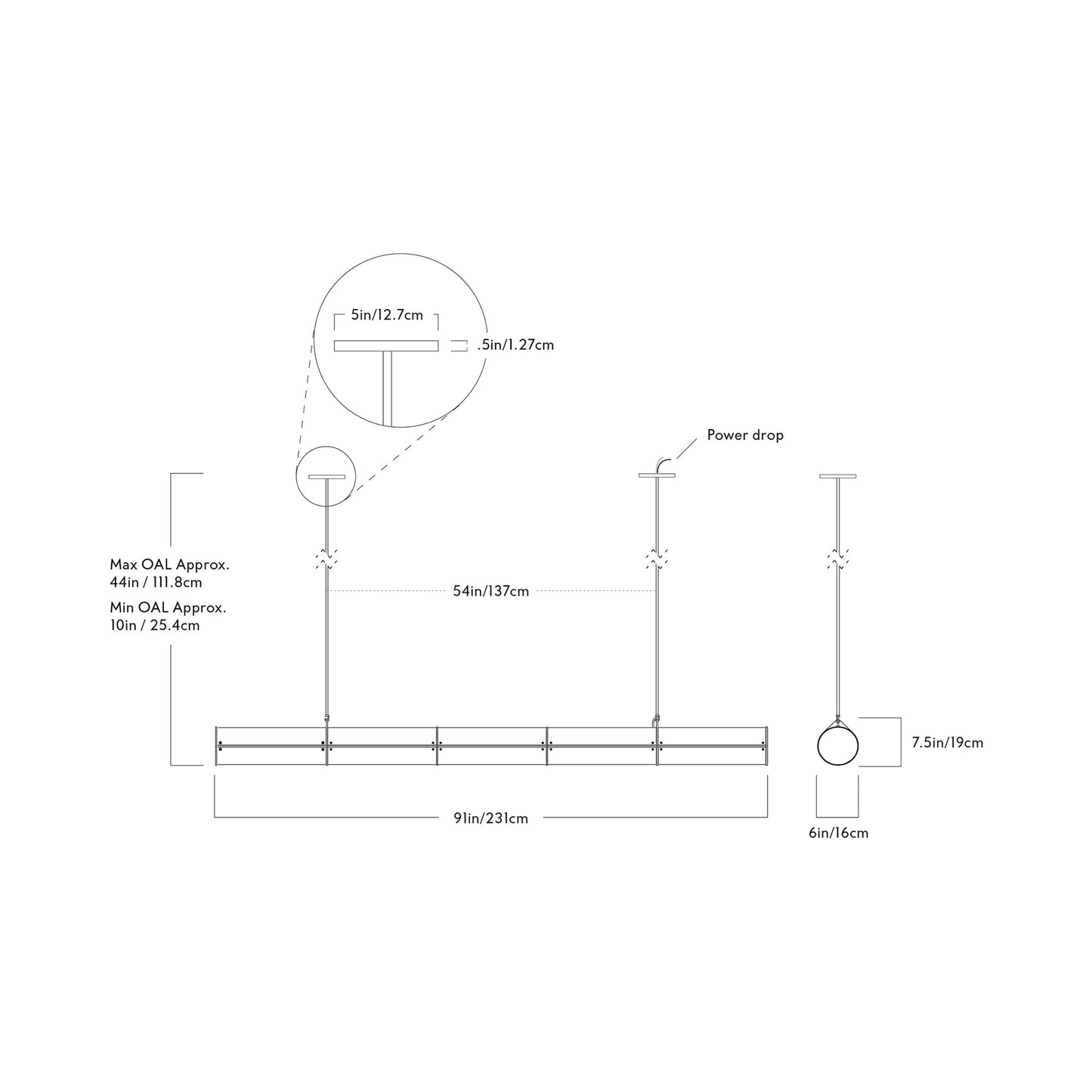 Woody Endless Linear LED Pendant Light - line drawing.