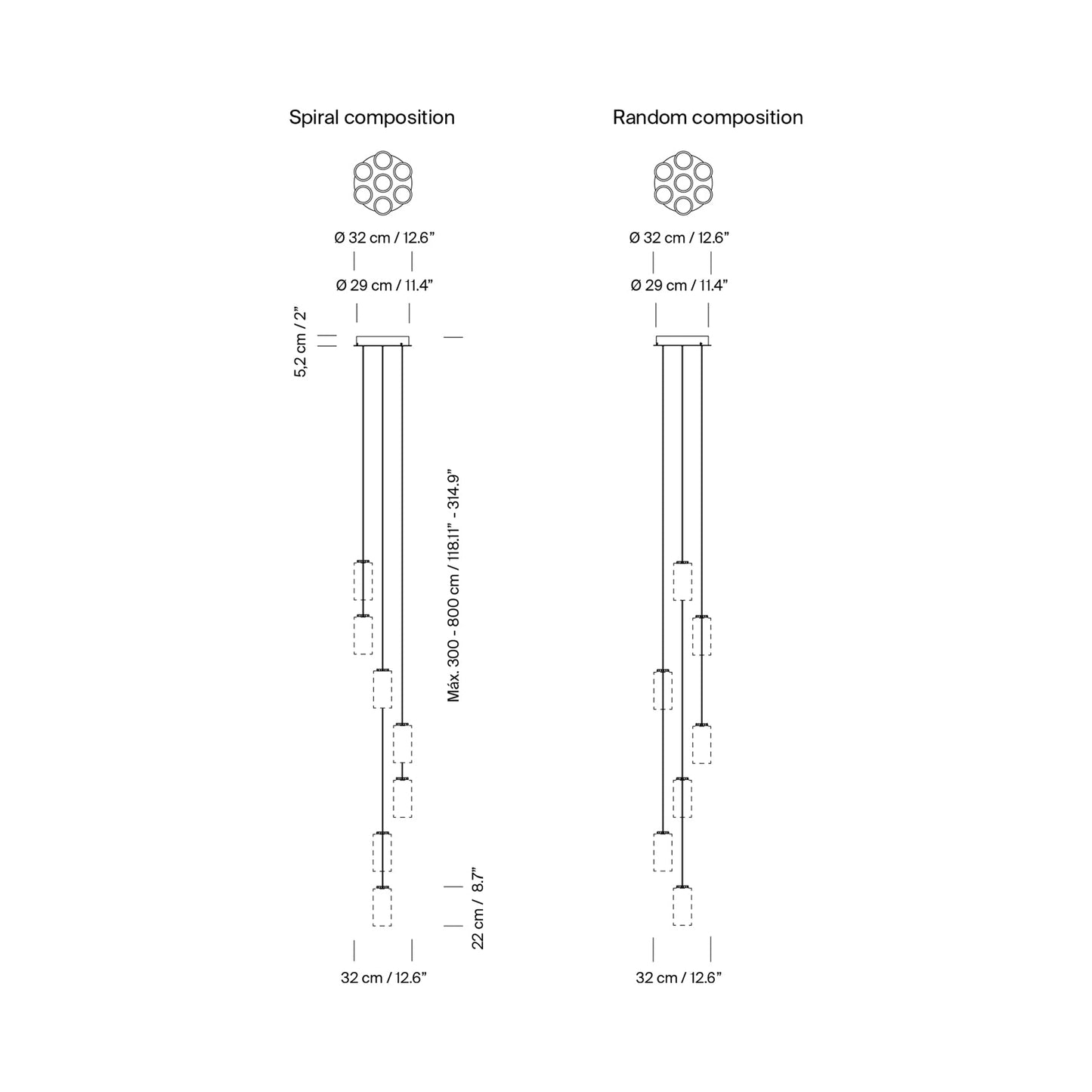 Cirio Cascada LED Pendant Light - line drawing.