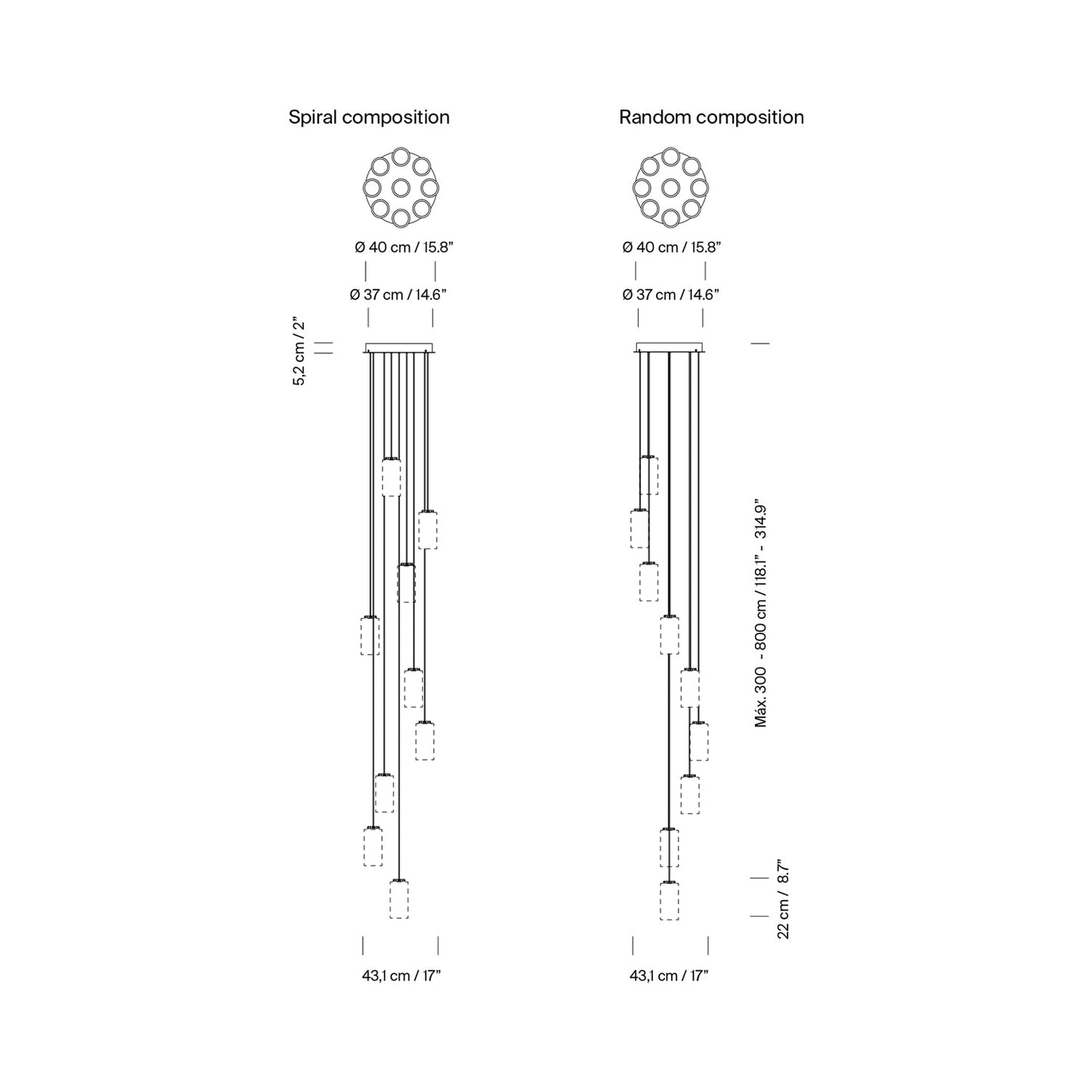 Cirio Cascada LED Pendant Light - line drawing.