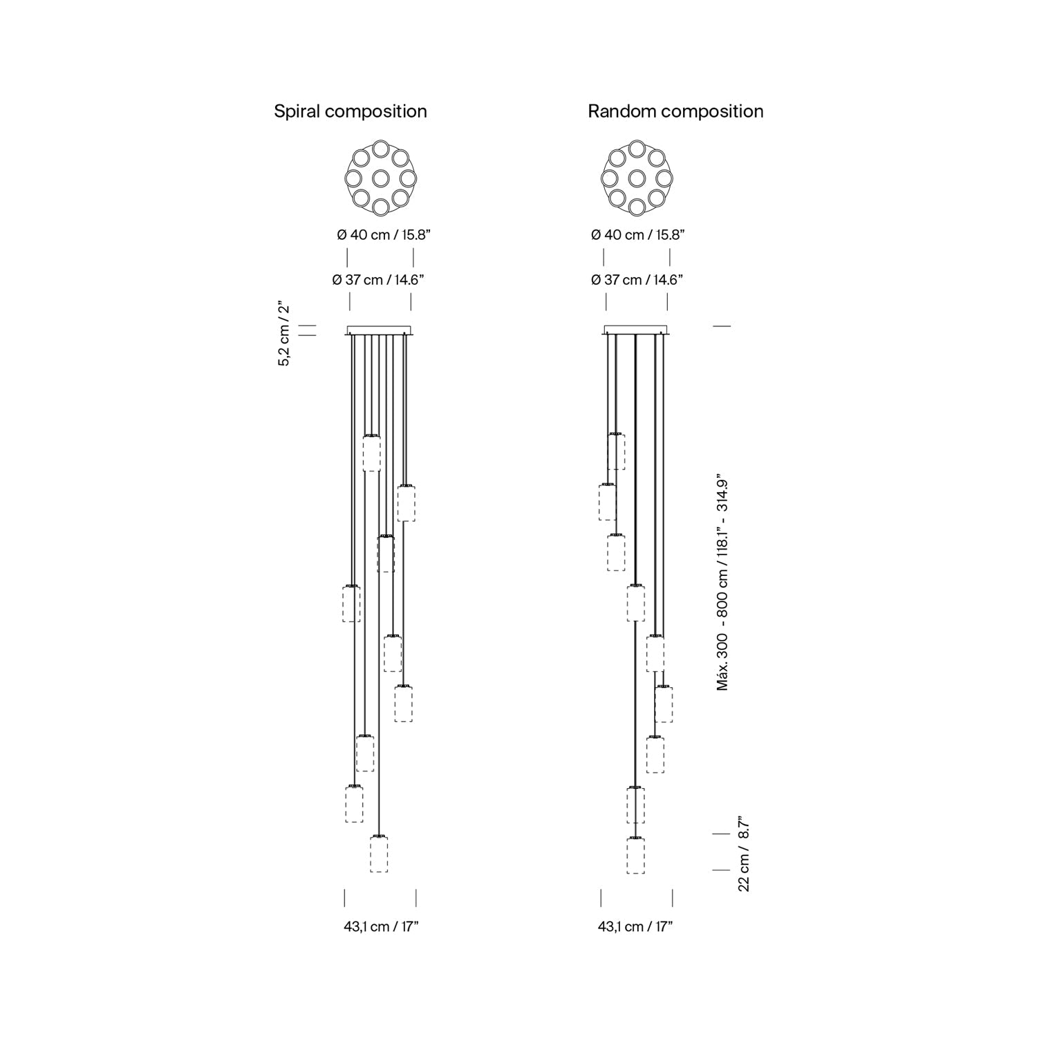 Cirio Cascada LED Pendant Light - line drawing.