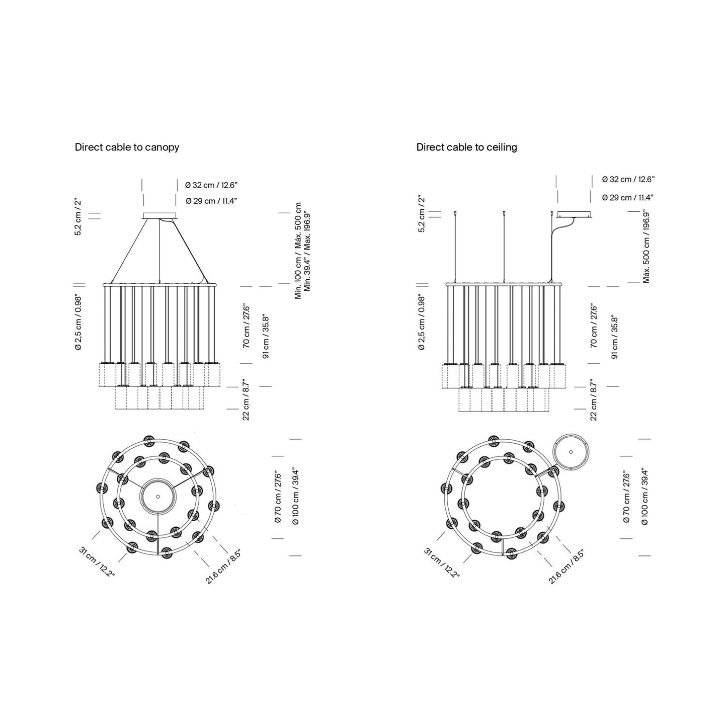 Cirio LED Chandelier - line drawing.