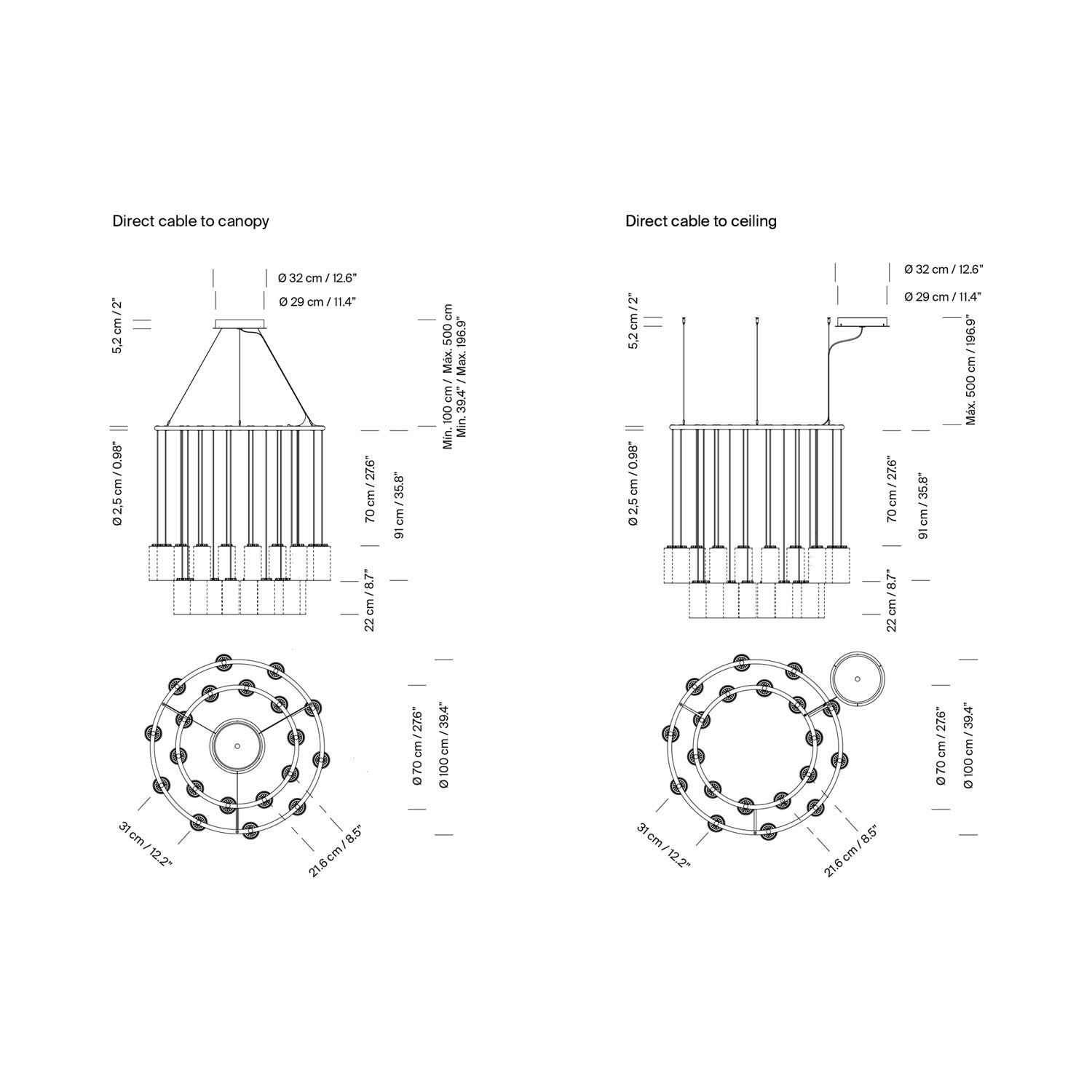 Cirio LED Chandelier - line drawing.