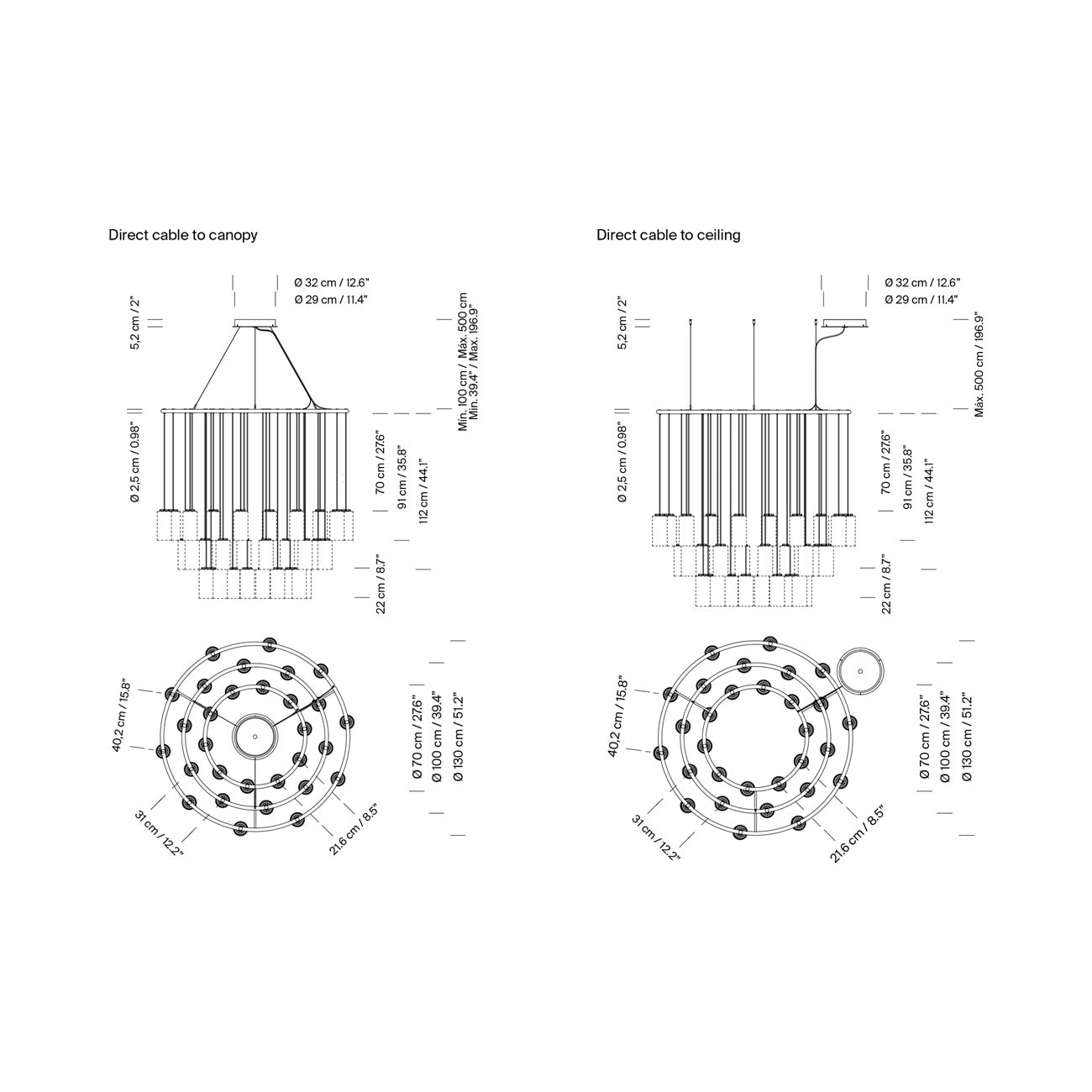 Cirio LED Chandelier - line drawing.