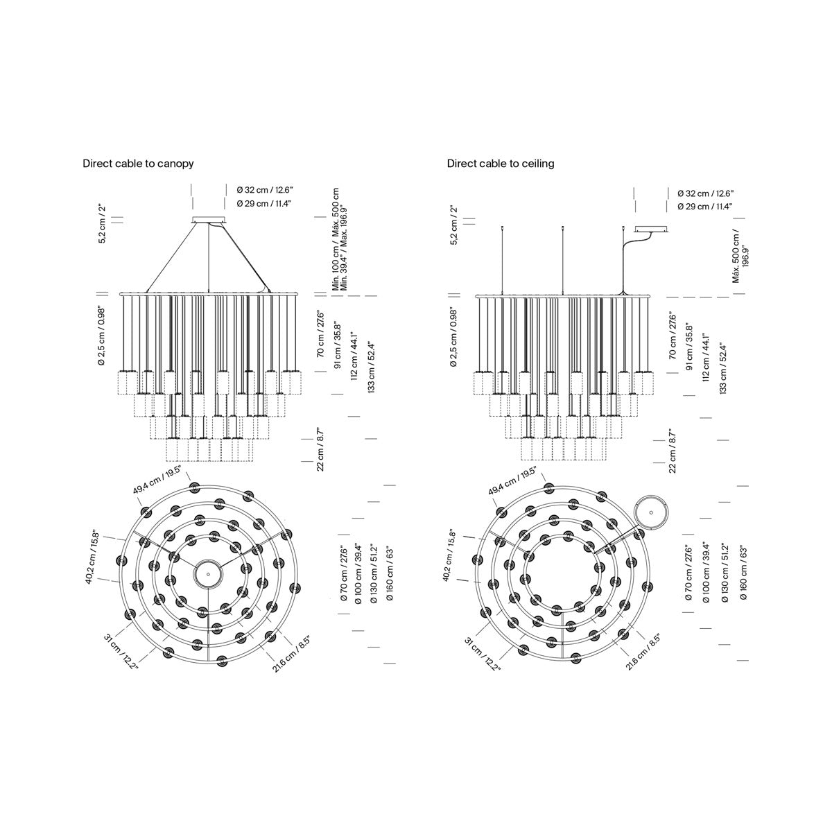 Cirio LED Chandelier - line drawing.