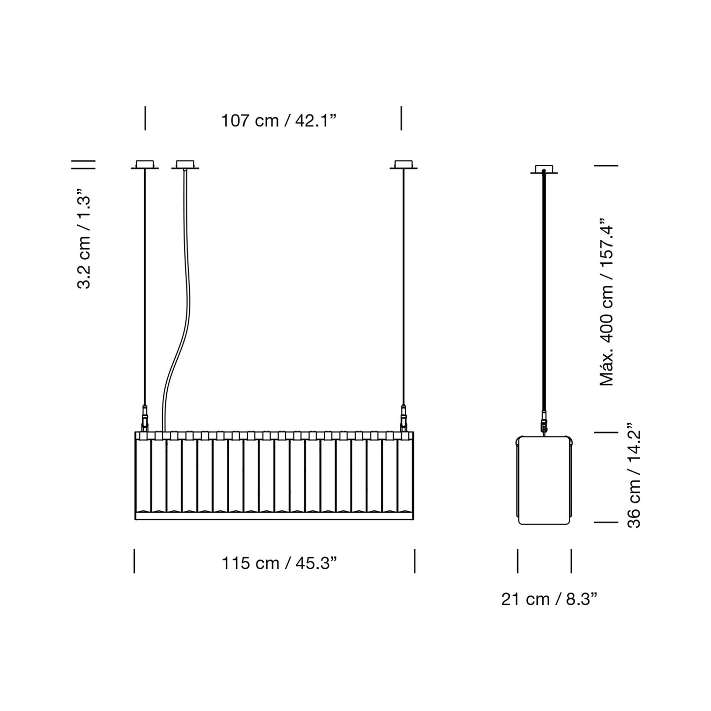 Estadio Linear Pendant Light - line drawing.
