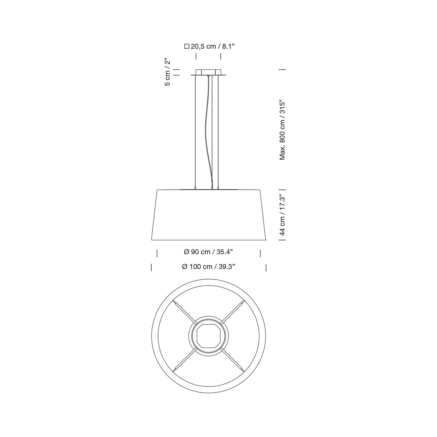 GT1000 / GT1500 LED Pendant Light - line drawing.