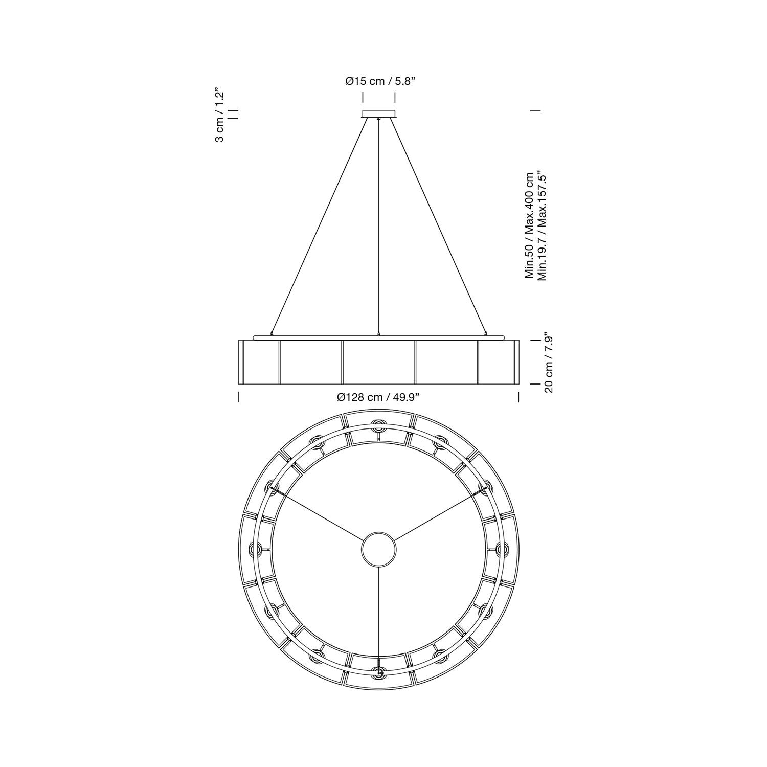 Sexta 12 Pendant Light - line drawing.