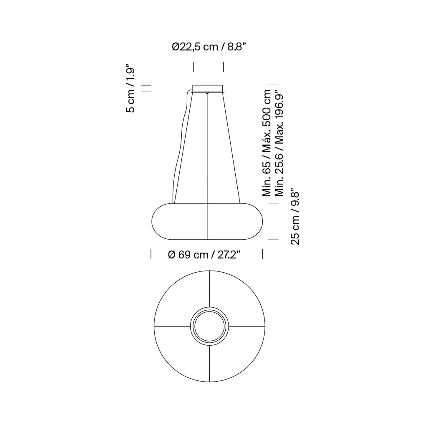 Tekiò Circular LED Pendant Light - line drawing.