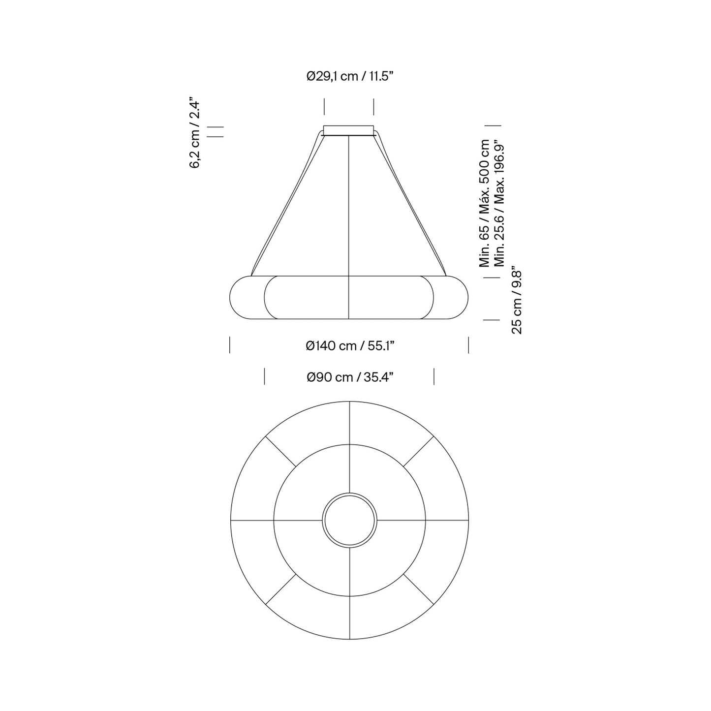 Tekiò Circular LED Pendant Light - line drawing.