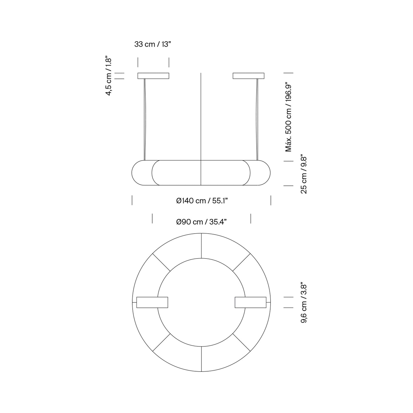 Tekiò Circular LED Pendant Light - line drawing.