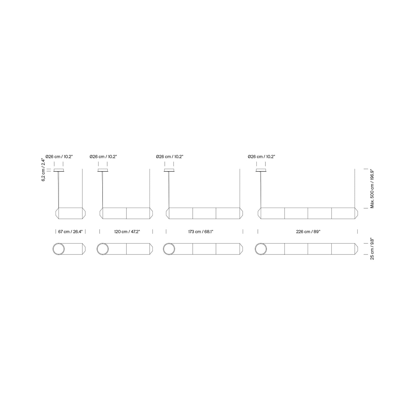 Tekiò Horizontal LED Pendant Light - line drawing.
