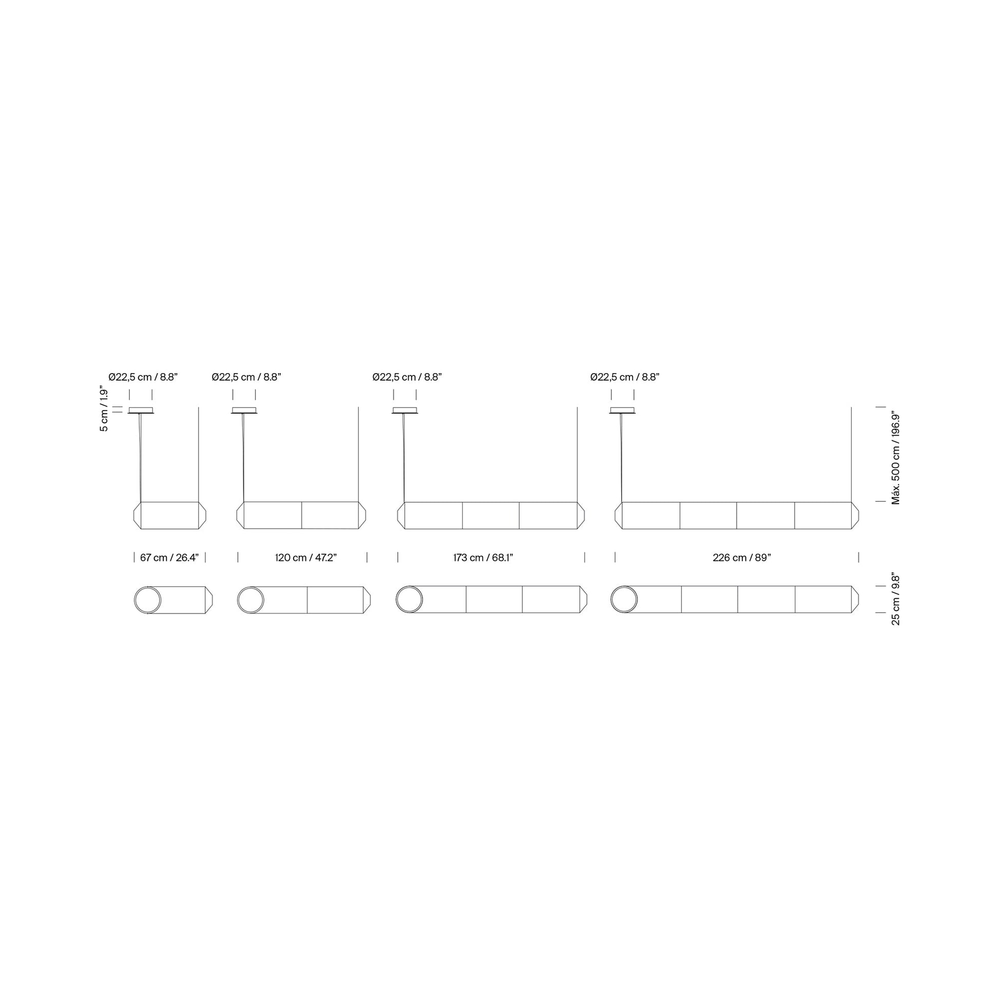 Tekiò Horizontal LED Pendant Light - line drawing.