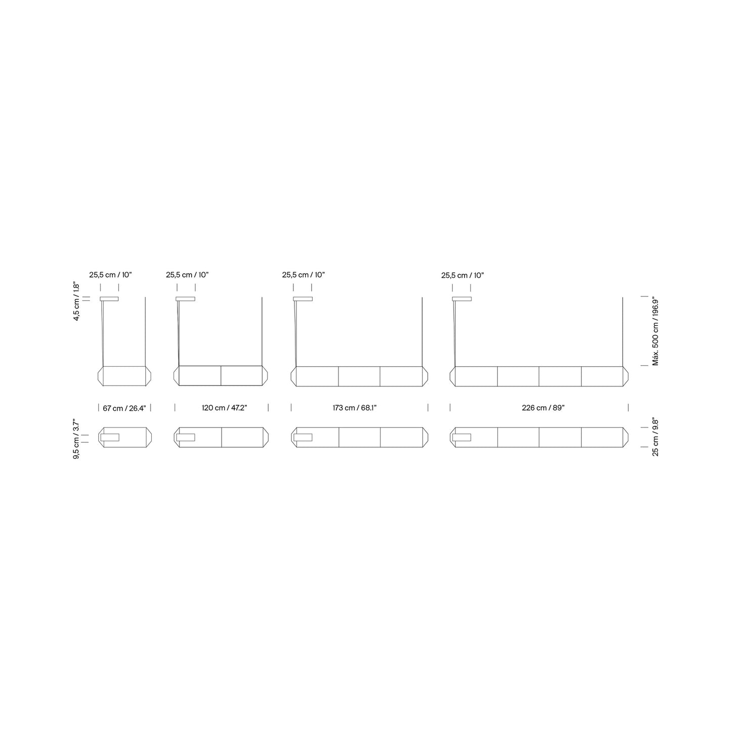 Tekiò Horizontal LED Pendant Light - line drawing.