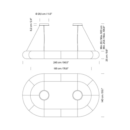 Tekiò Oval LED Pendant Light - line drawing.