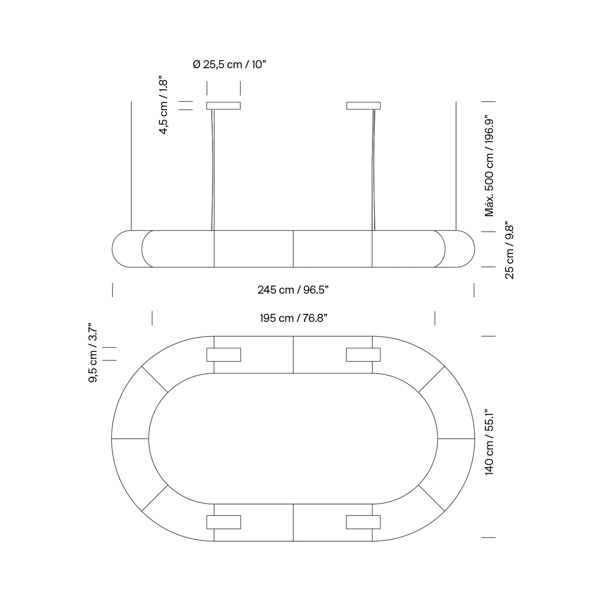 Tekiò Oval LED Pendant Light - line drawing.