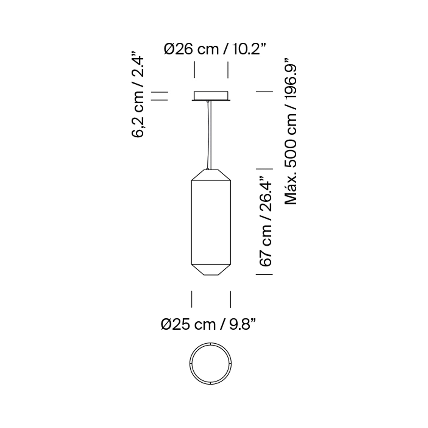 Tekiò Vertical LED Pendant Light - line drawing.