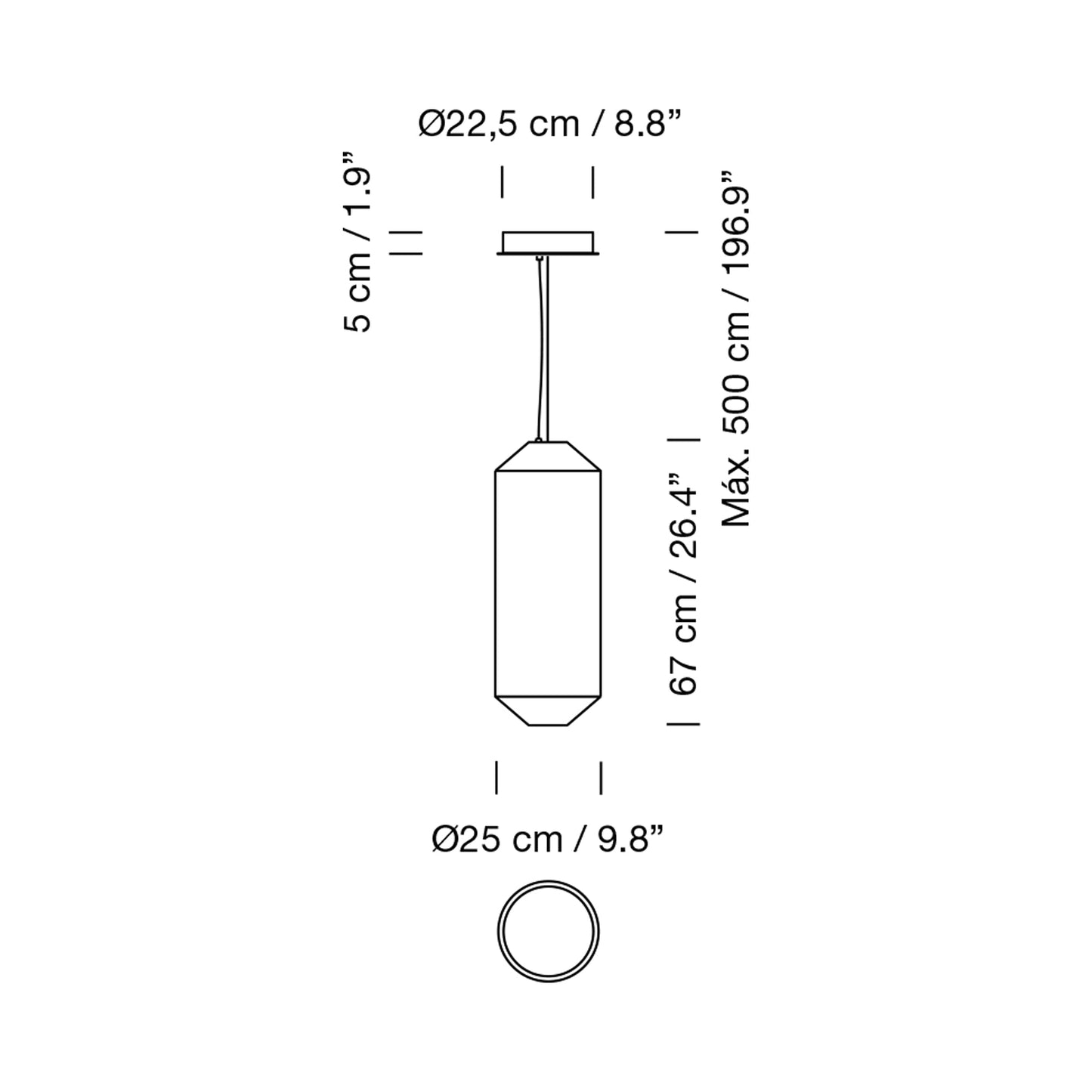 Tekiò Vertical LED Pendant Light - line drawing.