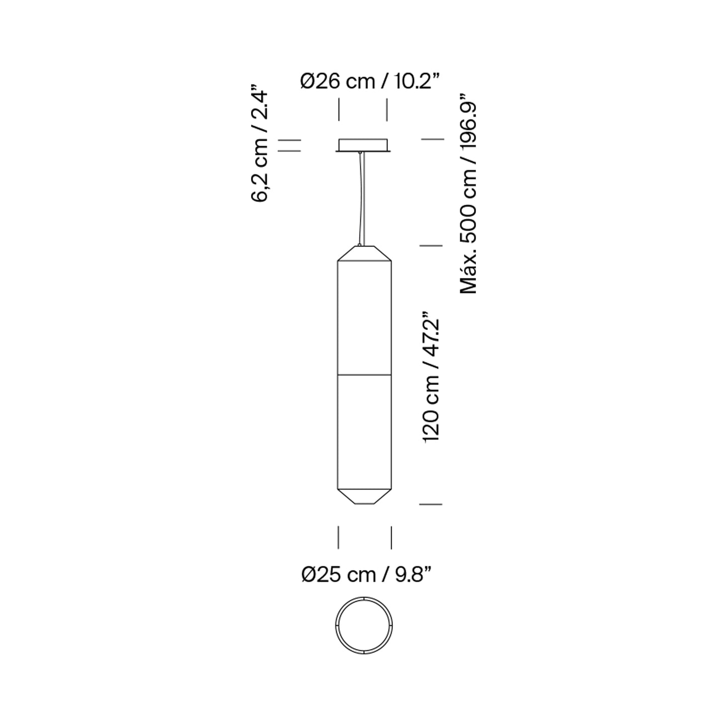 Tekiò Vertical LED Pendant Light - line drawing.